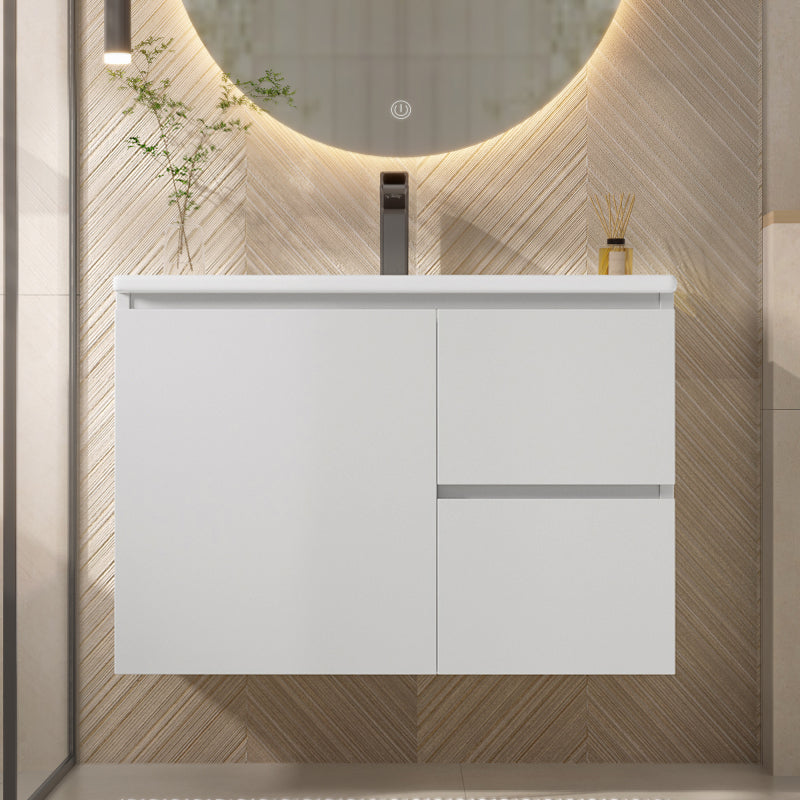 76x46x50cm wandhängend Badezimmerschränk, komplett lackiert, LED-Radarsensor-Beleuchtung, Waschtisch, zwei Schubladen, leise Gleitschienen, linke und rechte Ablage, integriertes Waschbecken, weiß