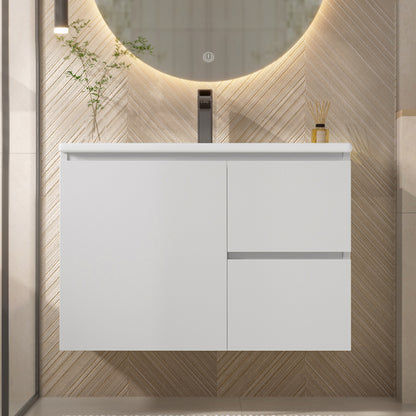 76x46x50cm wandhängend Badezimmerschränk, komplett lackiert, LED-Radarsensor-Beleuchtung, Waschtisch, zwei Schubladen, leise Gleitschienen, linke und rechte Ablage, integriertes Waschbecken, weiß
