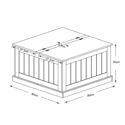 Couchtisch Quadratisch 80x80 cm, Truhentisch im Farmhouse-Stil, Tischplatte beidseitig hochklappbar, Stauraum, Scheunentor-Design
