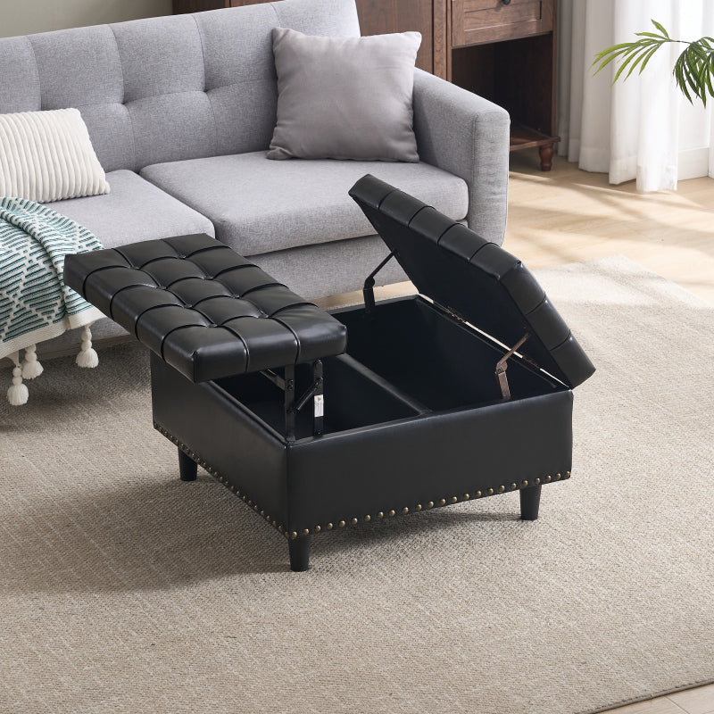 Großer quadratischer Aufbewahrungsstuhl, anhebbare Bank mit Stauraum, geeignet für Wohnzimmer Schlafzimmer Arbeitszimmer gepolsterte Aufbewahrungsbox(Black PU)