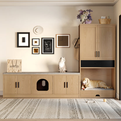 Multifunktionaler Tierschrank in Eichenoptik–Futterstation mit Napf,Hundebett,Stauraum-Tiermöbel, Küchenschrank für Flur, Küche oder Wohnzimmer