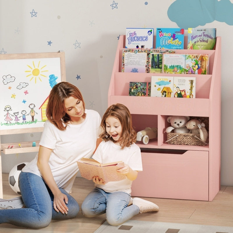 Kinder Bücherregal Kinderregal mit Schublade, 3 Ablagefächern und 2 offenen Fächern, Aufbewahrungsregal für Kinderzimmer, Spielzimmer, Rosa