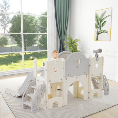 8 in 1 Kinderrutsche Kletterspielzeug, Multifunktionsrutsche mit 2 Rutschen, freistehende Rutsche, Klettern, Bohrspiel, Stauraum, Spielkorridor, Basketballkorb, Lasso-Spiel, Teleskop. Hergestellt aus