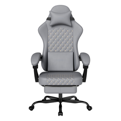 Gaming Stuhl mit Massage, Fußstütze, PVC-Leder, 150 kg Belastbar, Ergonomisch, Grau