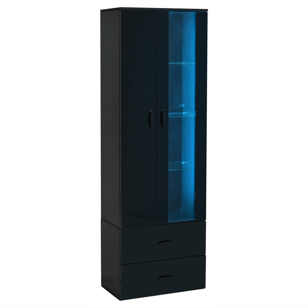 Schwarze LED-Vitrine mit 2 Glastüren - Standvitrine inkl. Beleuchtung, Freistehender Schrank für Wohnzimmer, Buffetschrank & Sammlervitrine, Schwarz