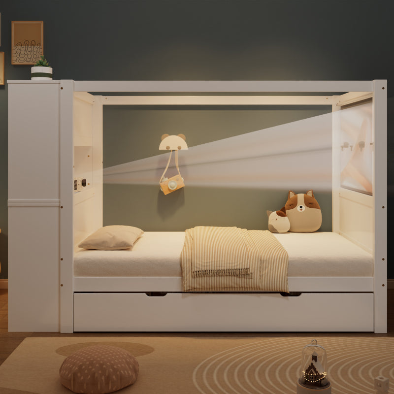 Einzelbett, Kinderbett mit Fallschutz und Gitter,  Holzbett mit Stauraum, Weiß+Natur,  90x200cm