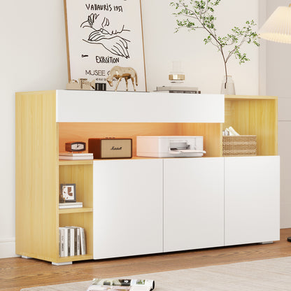 LED Sideboard Breite 140cm, Multifunktionales Sideboard,Kommode, Highboard , Luxuriöses Sideboard für Wohnzimmer, Eckschrank für Flur, Schrank für Schlafzimmer, Weiß und Eiche