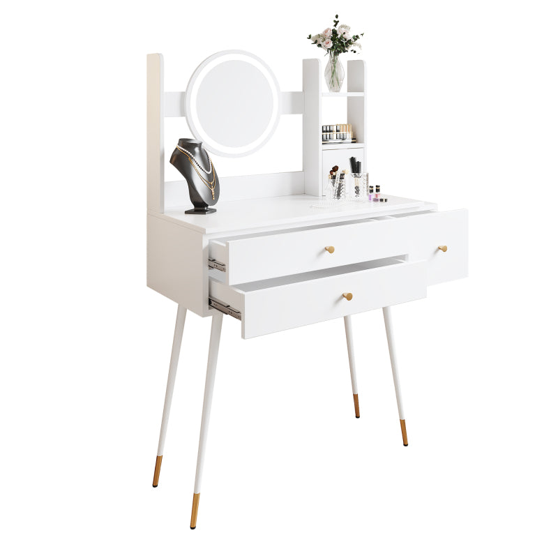 Schminktisch(Ohne Stühle), mit Spiegel einstellbare Helligkeit, mit 3 Schubladen, luxuriöses vergoldetes Zubehör, High-End Schminktisch mit mehreren Stauräumen, Weiß