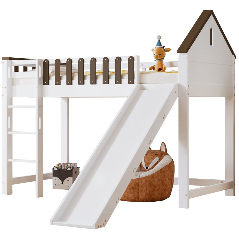 Hochbett, Mit Dach und Fenster, Mit dreistufiger gerader Leiter, Jugendbett, Kinderbett mit Rutsche,  Kiefer+MDF, Weiß+Walnuss, 90x200cm