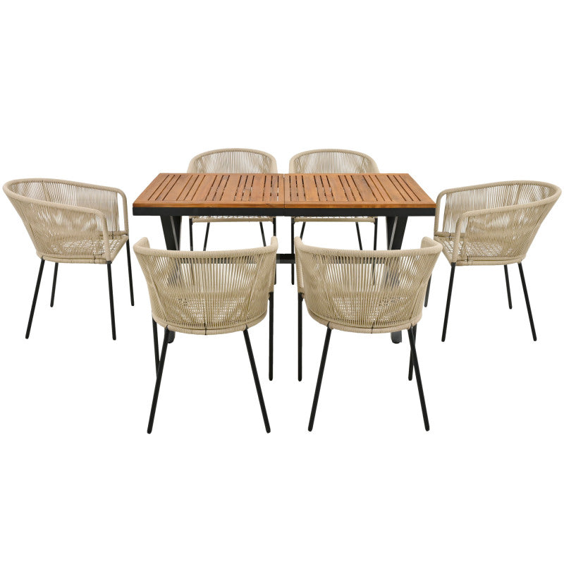 Garten-Essgruppe, 7-tlg, Garten-Lounge-Set aus Seil, 6 Sessel und 1 Tisch, Tisch aus Akazienholz, Mit Fußpolstern und sechs Sitzkissen, abnehmbar und waschbar