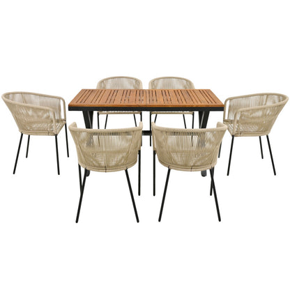 Garten-Essgruppe, 7-tlg, Garten-Lounge-Set aus Seil, 6 Sessel und 1 Tisch, Tisch aus Akazienholz, Mit Fußpolstern und sechs Sitzkissen, abnehmbar und waschbar