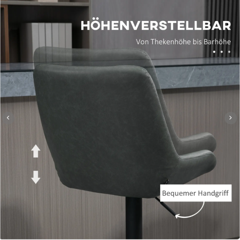 2er-Set Barhocker höhenverstellbar mit Rückenlehne, Küchenhocker Kunstleder Dunkelgrau für Bar und Küche