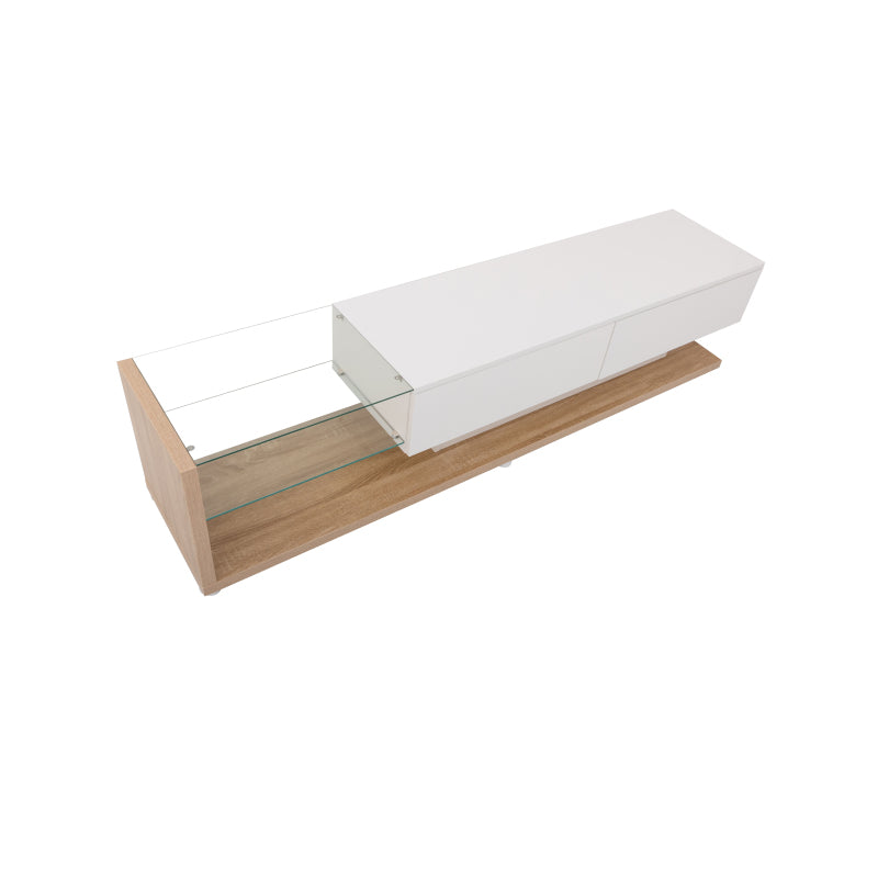 TV-Schränke, Lowboards, Kombination aus Hochglanzweiß und Holzfarben. Glastrennwände und variable LED-Beleuchtung. Es kombiniert natürlichen Landhausstil mit modernem Design.