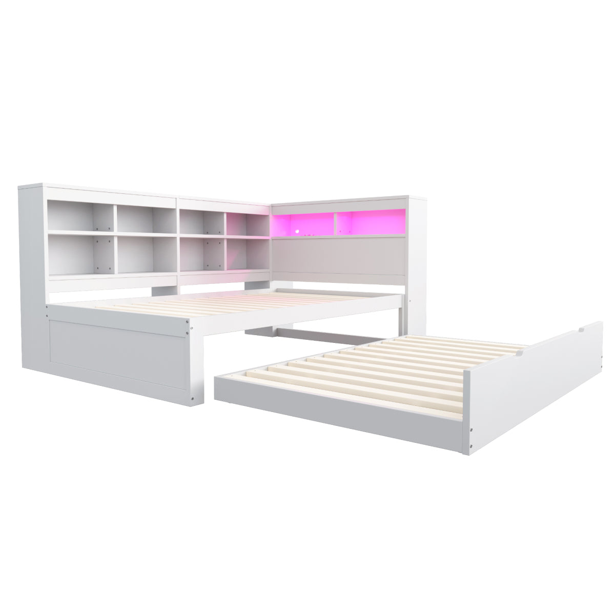 Massivholz-Einzelbett 90x200 Weiß mit Ausziehbett - Multifunktionales Schlafsofa inkl. LED, USB-Steckdose, Regalen & viel Stauraum, Weiß