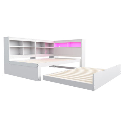 Massivholz-Einzelbett 90x200 Weiß mit Ausziehbett - Multifunktionales Schlafsofa inkl. LED, USB-Steckdose, Regalen & viel Stauraum, Weiß