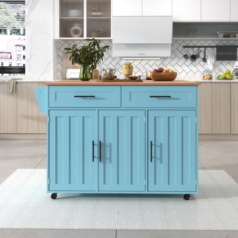 129x46(71)x91,5 cm großer Speisewagen/Sideboard, Arbeitsplatte mit Massivholzmaserung + blauer Schrank/faltbare Arbeitsplatte/Aufbewahrungstür-Design/Räder/Massivholzfüße umschaltbar/für Zuhause geeig