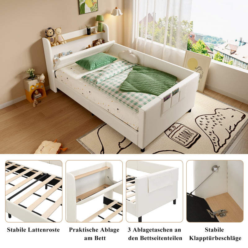 Kinder-Spleißbett, Polsterbett, Tagesbett, Schlafsofa mit Metallbettgestell, Kindernachttisch mit unterer Klapptür, 3 kleine Aufbewahrungstaschen, PU+MDF+Sperrholz, Weiß, 90x200cm