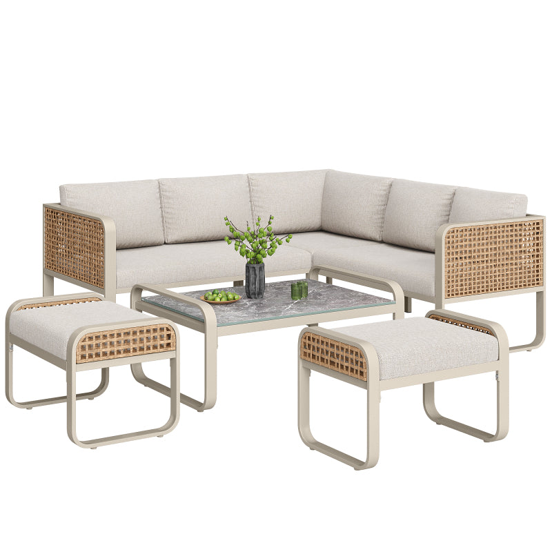 Garten-Lounge-Set, Rattan-Möbel-Set für 6-7 Personen, Ecksofa mit verzinktem Eisengestell, verstellbare Beine, inklusive aller Sitz- und Rückenkissen, beige