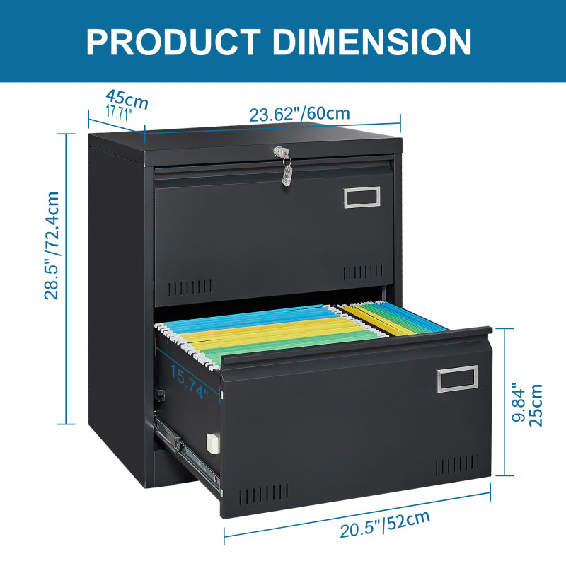 2 Drawer Metal Lateral File Cabinet with Lock,Office Vertical Files Cabinet for Home Office/Legal/Letter/A4,Locking Metal File Cabinet,Assembly Required (Black,with 2 Drawer)