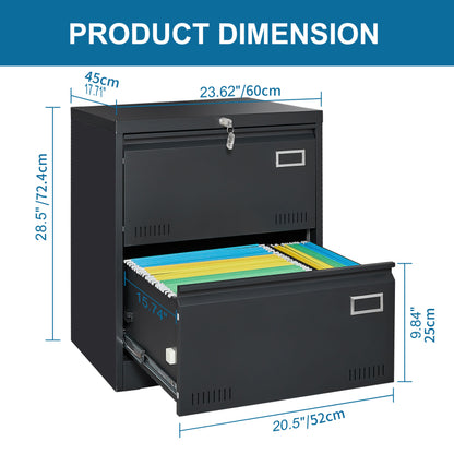 2 Drawer Metal Lateral File Cabinet with Lock,Office Vertical Files Cabinet for Home Office/Legal/Letter/A4,Locking Metal File Cabinet,Assembly Required (Black,with 2 Drawer)