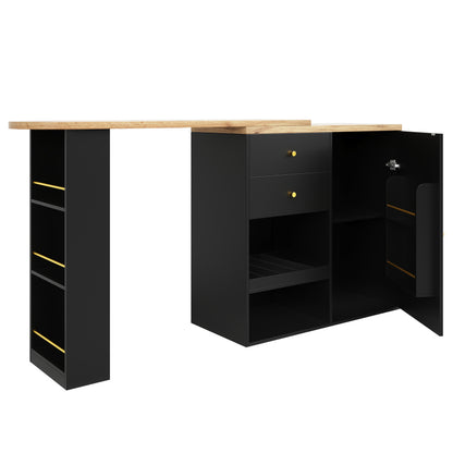 Um 360° drehbarer Bartisch (Hauptkörper 105 x 39 x 102 cm), mit 2 Schubladen und Schiebetürschrank, 3 Ebenen offener Stauraum, geeignet für Esszimmer/Arbeitszimmer/Wohnzimmer usw