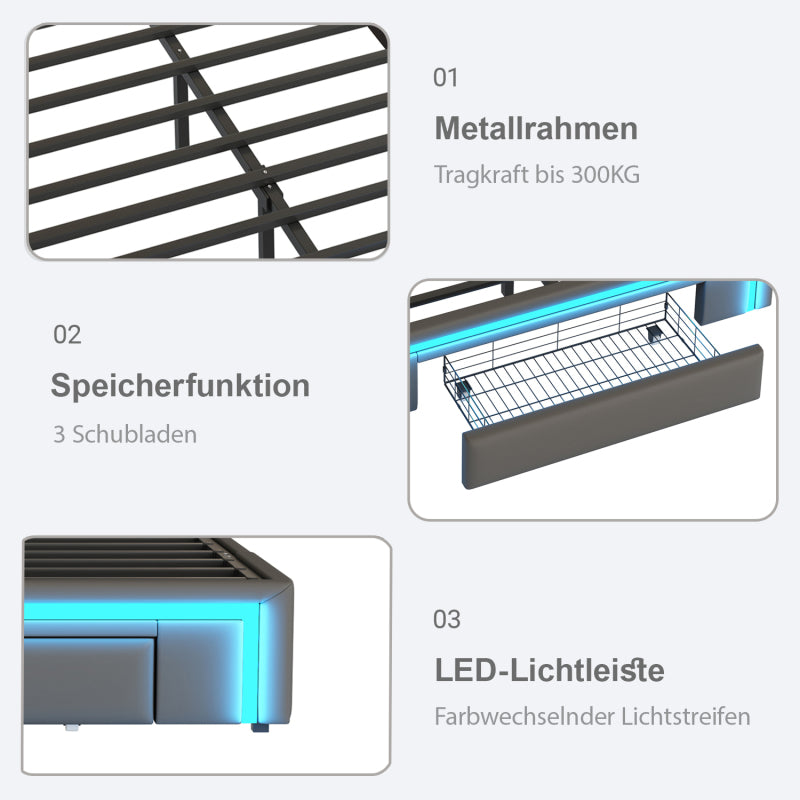 Bettgestell 140X200 mit Schubladen, PU-Leder Bett ohne Kopfteil Mit LED-Lichtleiste, MetalllattenPlattformbett für moderne Schlafzimmer Grau