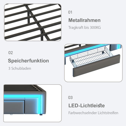 Bettgestell 140X200 mit Schubladen, PU-Leder Bett ohne Kopfteil Mit LED-Lichtleiste, MetalllattenPlattformbett für moderne Schlafzimmer Grau