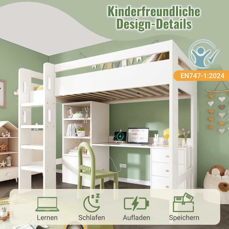 Kinderbett Hochbett mit USB-C Schreibtisch, Kleiderschrank und Aktenschrank, Jugendbett  Einzelbett mit Treppe und Lattenrost, Stauraum,90×200, Ohne Matratze