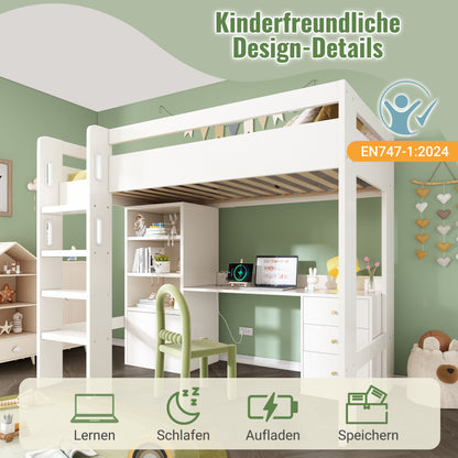 Kinderbett Hochbett mit USB-C Schreibtisch, Kleiderschrank und Aktenschrank, Jugendbett  Einzelbett mit Treppe und Lattenrost, Stauraum,90×200, Ohne Matratze