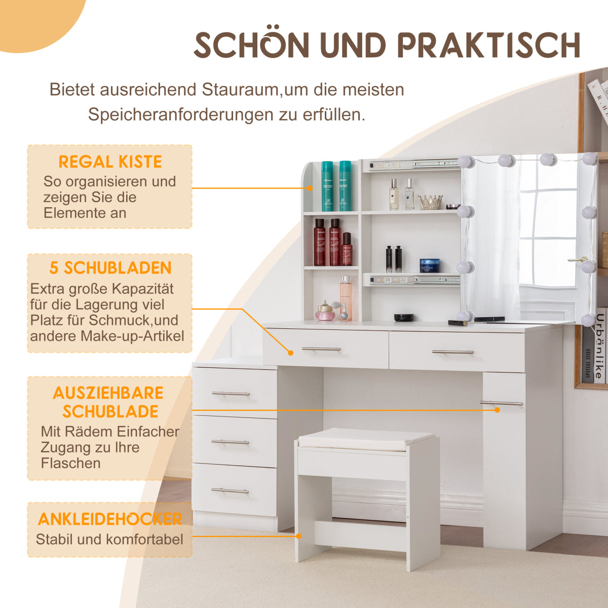 Schminktisch Frisiertisch Kosmetiktisch mit Spiegel Schublade LED Beleuchtung