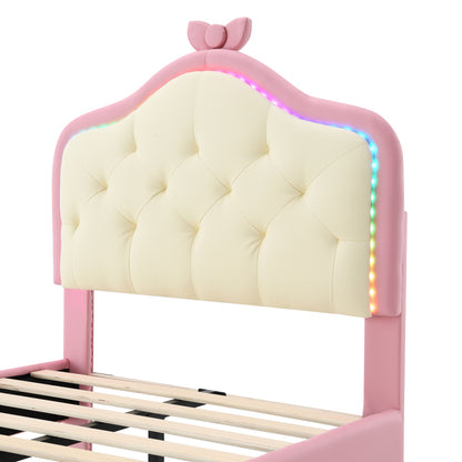 Polsterbett, Einzelbett, Wellenform mit Zugpunkt am Kopfende des Bettes, rosa Schleife, mit mehrfarbigen, wechselnden LED-Streifen, Kinderbett mit Holzlatten, Einzelbett, PU, rosa Bettrahmen, 90x200cm