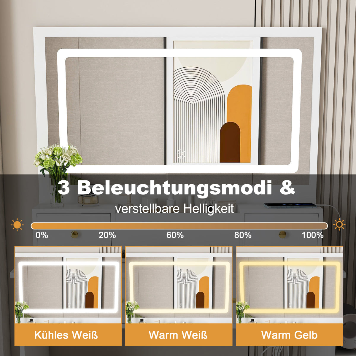 Schminktisch XXL Spiegel (75x48 cm) LED, Steckdose, 4 Schubladen, inkl. Hocker