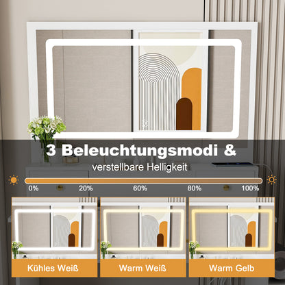 Schminktisch XXL Spiegel (75x48 cm) LED, Steckdose, 4 Schubladen, inkl. Hocker