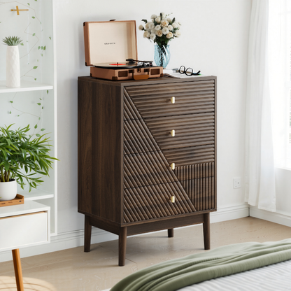 Kommode mit 4 Schubladen, Aufbewahrungsschrank aus Holz, Frisiertisch-Aufbewahrungsschrank für Wohnzimmer, Schlafzimmer, Flur, Walnuss