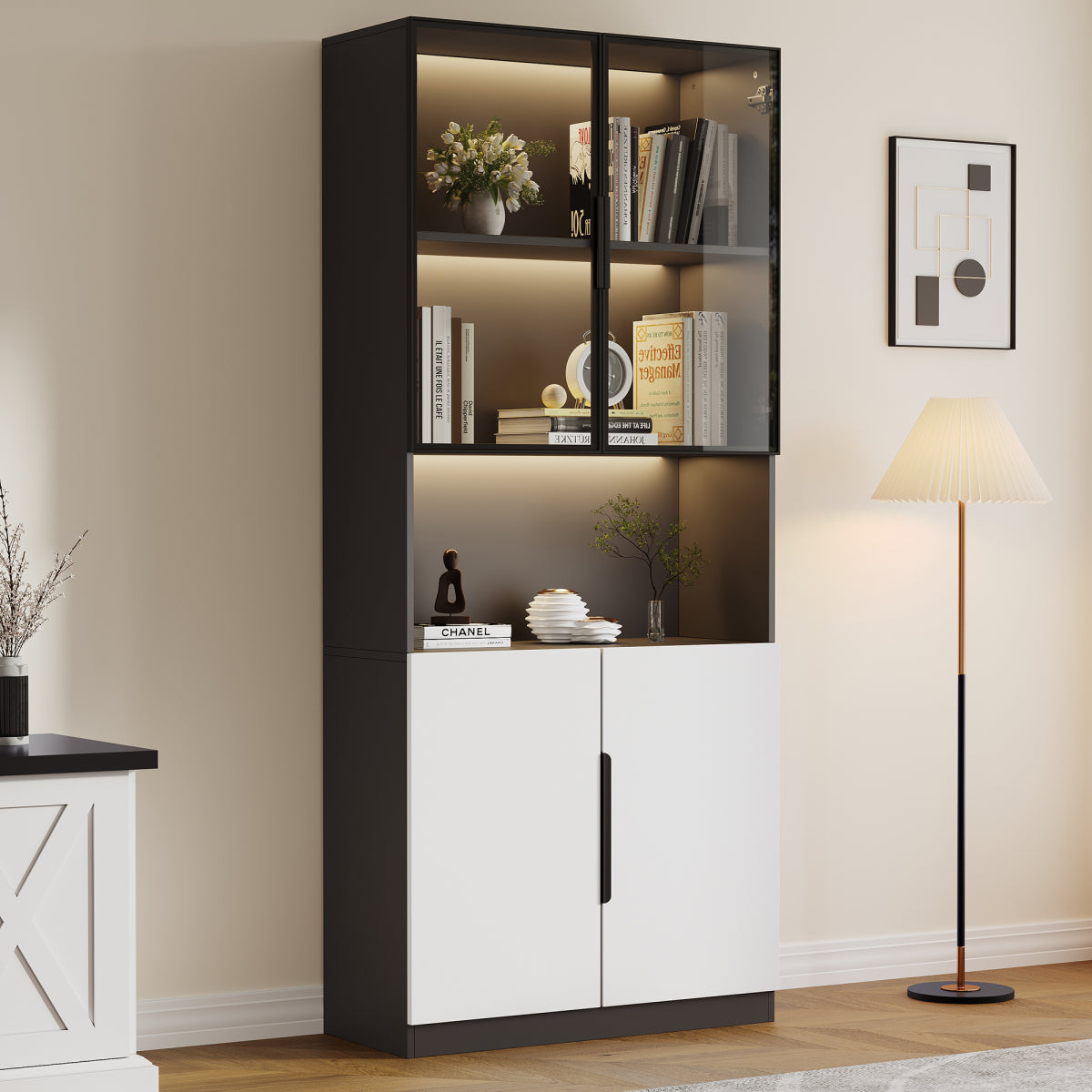 Moderne Vitrine 80x30x200cm Weiß/Schwarz - Glasschrank mit LED, Einstellbare Helligkeit & Farbtemperatur, Sammler-Bücherregal mit Glastüren