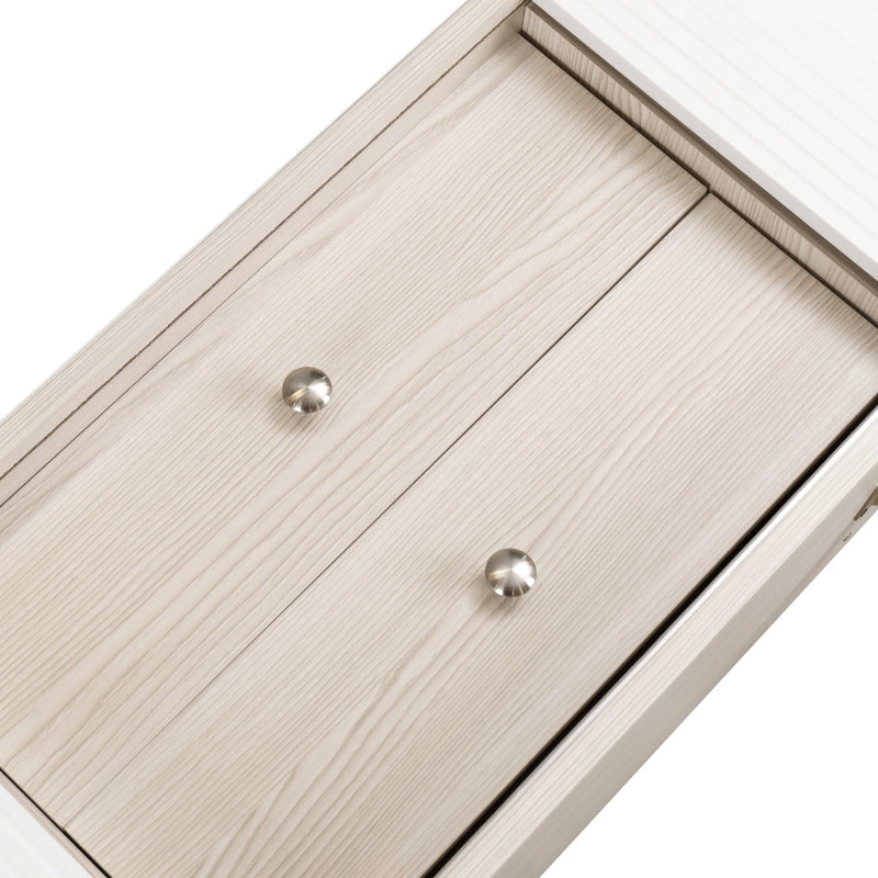 TV-Schrank mit zwei Schubladen, Fernsehtisch TV Board, TV- Lowboard niedrige Platte mit zwei Schiebetüren. Exquisite Textur. Weiß und natürliches Holzfarbe. H58/L160/T40 cm.