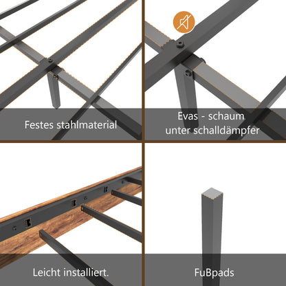 Holz Doppelbett, antikes Holz Bettgestell mit Eisen Lattenrost und hohem Kopfteil, mit Eisenrohrrahmen 160 x 200 cm