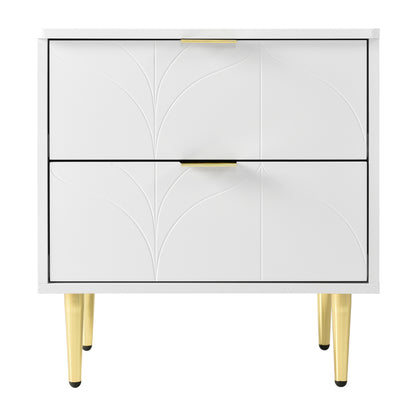 Moderner Nachttisch mit vergoldeten Füßen und Knöpfen, florales Muster, 2er-Set mit 2 Schubladen, lackiert, Ecken mit Anti-Bump-Design, 50B*40T*54H cm, weiß