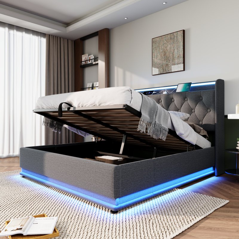 Polsterbett Doppelbett, 360-Surround-LED-Funktion, Drucktaste/App/Fernbedienung,160*200 cm,Grau Leinen-Material Hydraulisches Lagerbett, gepolstertes Kopfteil mit USB Typ-C Ladefunktion(Mit Matratze)