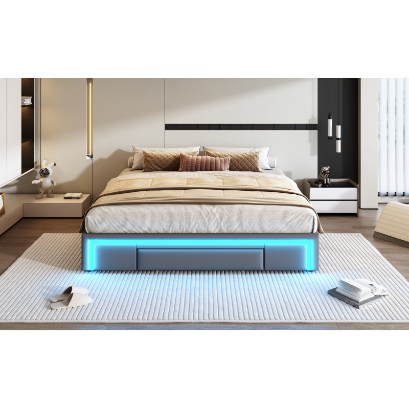 Bettgestell 180X200 mit Schubladen, PU-Leder Bett ohne Kopfteil Mit LED-Lichtleiste, MetalllattenPlattformbett für moderne Schlafzimmer Grau