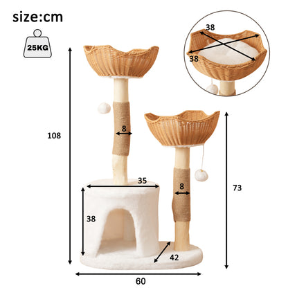 Katzenbaum aus Massivholz mit 2 Körben & Höhle, Naturholz & Sisal, mit Plüschball & dickem Kissen – Nachhaltig 108cm