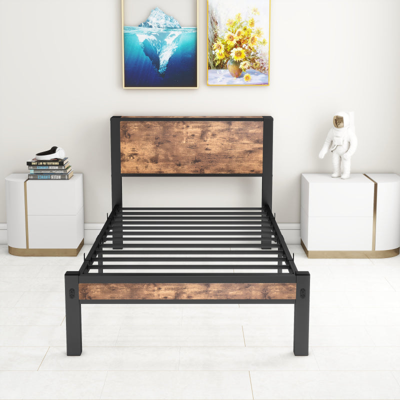 90x200 cm Metallgestell mit Stauraum-Kopfteil, Einzelnes Metall-Plattformbettgestell, Geräuschfrei, Metalluntergestell, Ohne Boxspring Notwendig, Vintage Braun