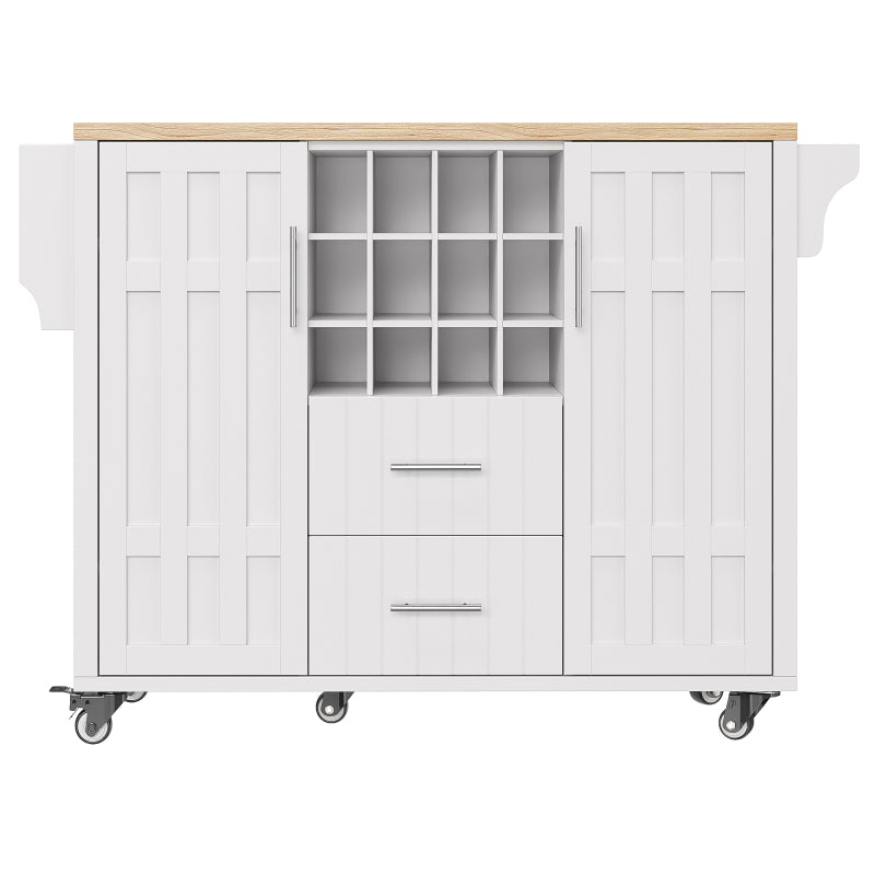 Kücheninsel mit herausnehmbaren Trennwänden, Esszimmerwagen mit Arbeitsplatte, Buffetschrank, Esszimmerwagen mit Holzmaserung, seitlicher Handtuchhalter, mit Weinregal, mit Rollen, weiß