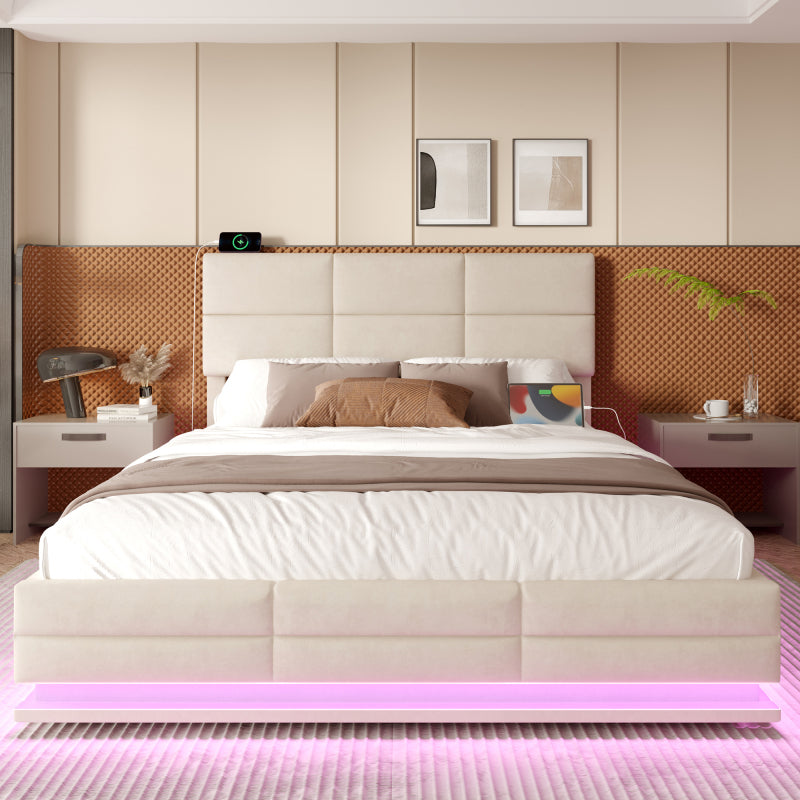 180x200 cm Modernes Velours-Polsterbett mit höhenverstellbarem Kopfteil - Inkl. USB/Type-C-Anschlüssen, LED-Ambientebeleuchtung, hydraulischem Lift-System & XXL-Stauraum (ohne Matratze) - Beige