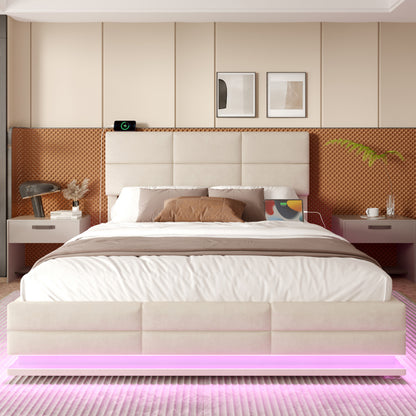 180x200 cm Modernes Velours-Polsterbett mit höhenverstellbarem Kopfteil - Inkl. USB/Type-C-Anschlüssen, LED-Ambientebeleuchtung, hydraulischem Lift-System & XXL-Stauraum (ohne Matratze) - Beige