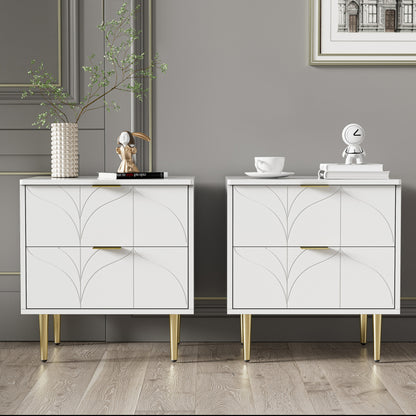 Moderner Nachttisch mit vergoldeten Füßen und Knöpfen, florales Muster, 2er-Set mit 2 Schubladen, lackiert, Ecken mit Anti-Bump-Design, 50B*40T*54H cm, weiß