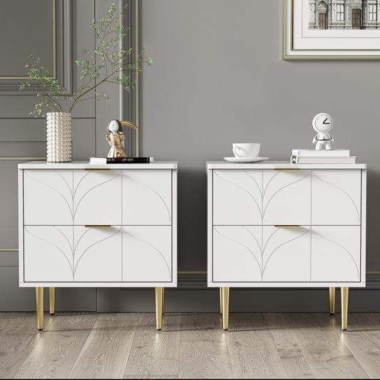 Moderner Nachttisch mit vergoldeten Füßen und Knöpfen, florales Muster, 2er-Set mit 2 Schubladen, lackiert, Ecken mit Anti-Bump-Design, 50B*40T*54H cm, weiß