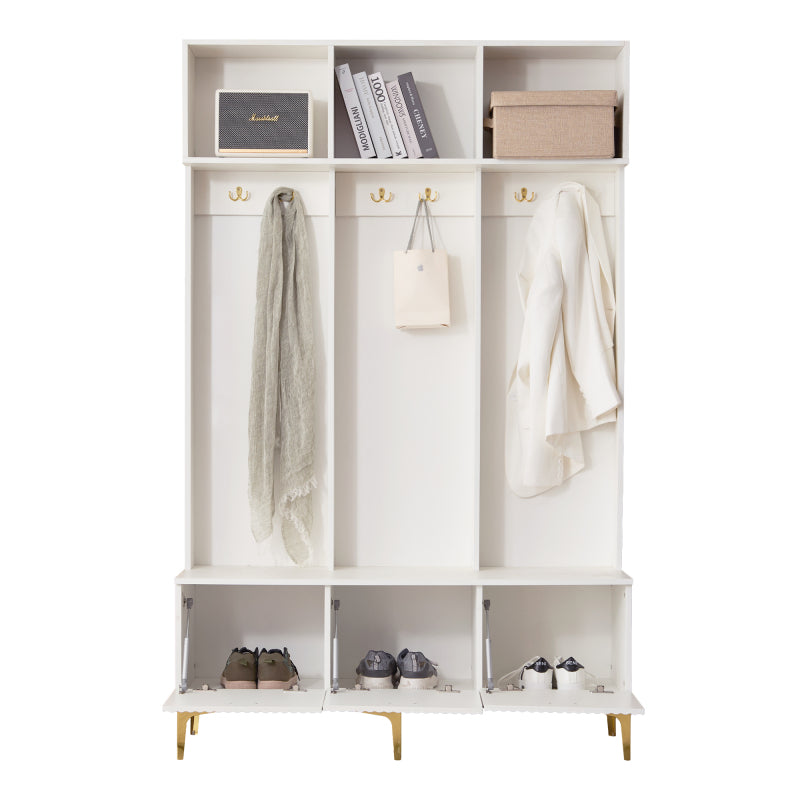 Garderobenset mit Bank, multifunktionale Aufbewahrungsbank, offene Aufbewahrung,6 goldene Haken und Füße, geeignet für Flur, Wohnzimmer, weiß, B120/D40/H191.5CM