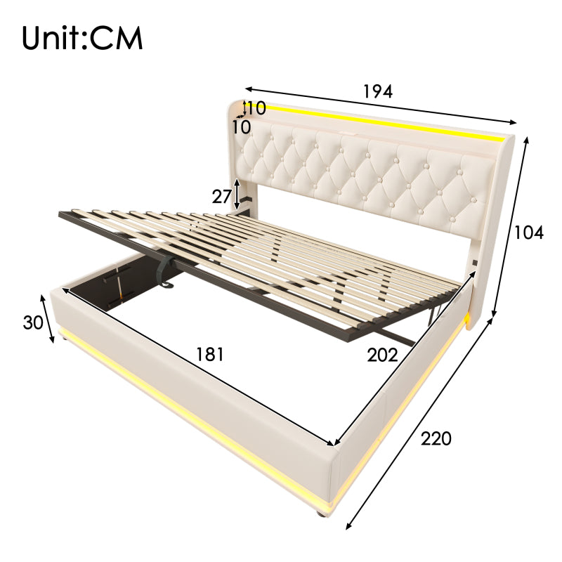 Polsterbett Doppelbett, 360-Surround-LED-Funktion, Drucktaste/App/Fernbedienung, 180*200 cm, weiß PU-Material Hydraulisches Lagerbett, gepolstertes Kopfteil mit USB Typ-C Ladefunktion (Ohne Matratze)