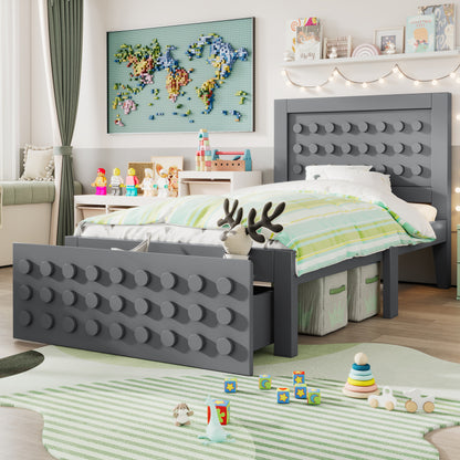 Holzbett Einzelbett 90x200 cm, Kinderbett Jugendbett mit Kreativem Block Design, Massivholz Bettgestell mit Lattenrost, mit Schubladen & Unterm Bett Stauraum, Grau, Ohne Matratze